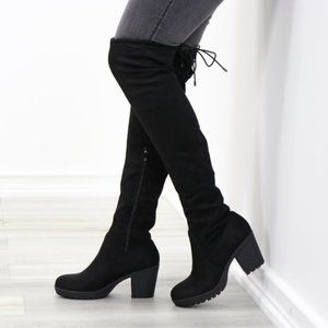 Lug Chunky Heel BlackThigh High Suede Boots